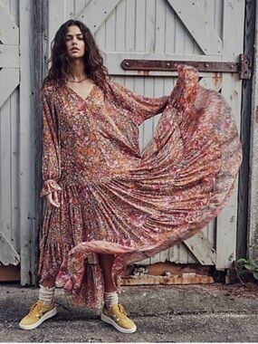 Free People Feeling Groovy Floral Flowy Bohemian Maxi Dress Garden Party XS